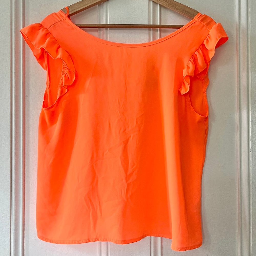 LILY WHITE Ruffle Sleeve V-Back Blouse, Neon Orange, Size M